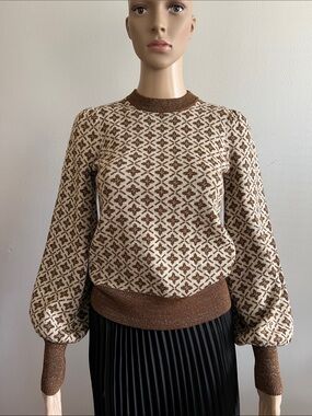 CO collection 2018 Patterned Balloon Sleeve Knit Top Brown Metallic Size XS